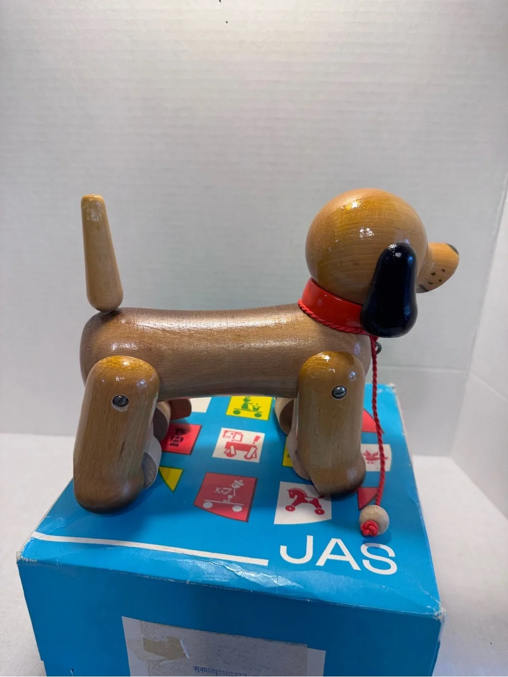 Vintage JAS Czechoslovakia Wooden Dachshund Pull Toy - 1970s Mid-Century Modern